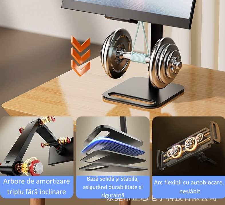 Suport tabletă și telefon ajustabil 360°, bază metalică stabilă, sistem amortizare și arc flexibil