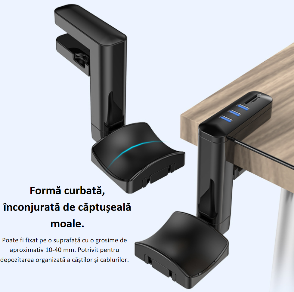 Suport căști USB 3.0 cu cititor carduri – design curbat cu prindere pe birou